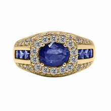Cargar imagen en el visor de la galería, Anillo De Hombre En Oro Amarillo 18k Con Diamantes Y Zafiros