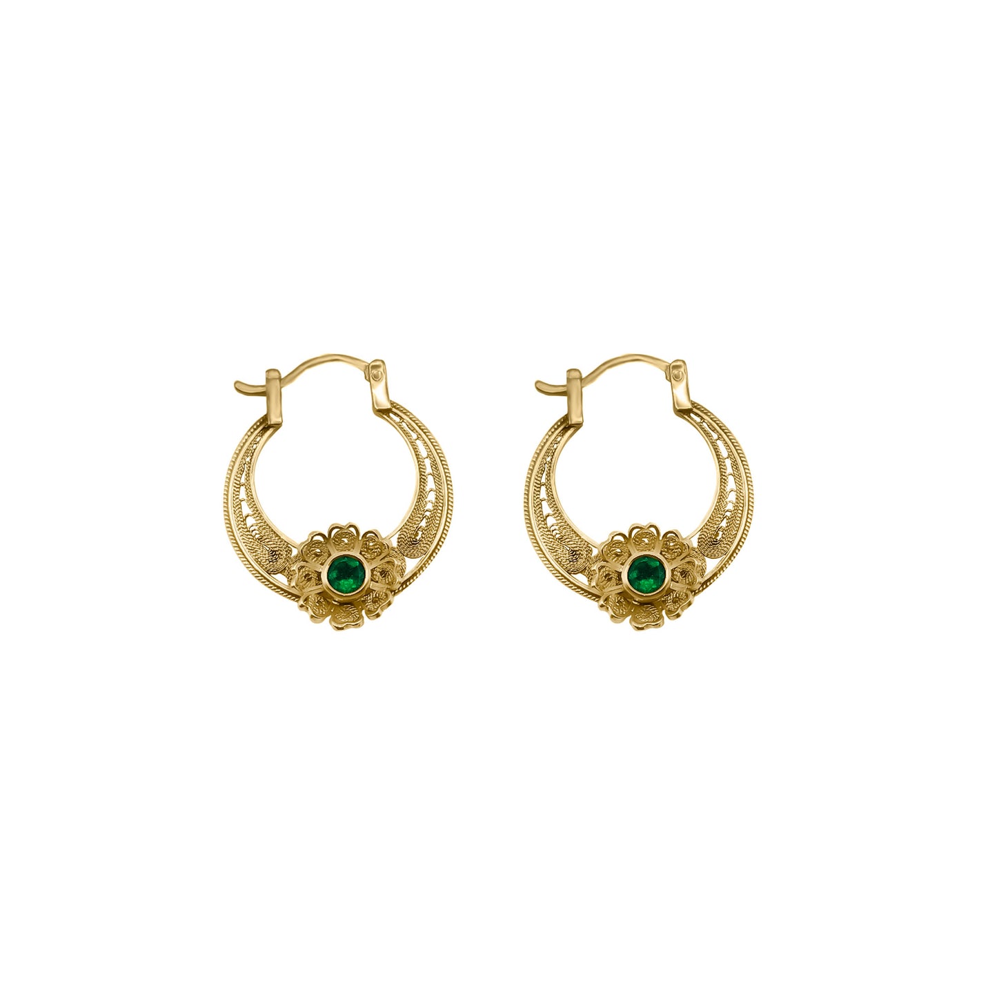 Candongas Con Flor en Oro Amarillo 18K Con Esmeralda