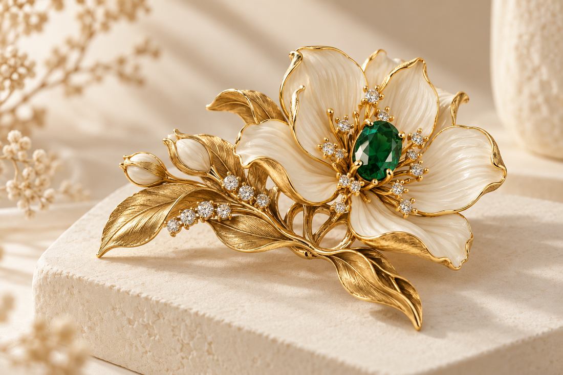 Ilustración creada con IA de un broche floral imaginario, metal dorado, pétalos marfil y gema verde sobre fondo beige.