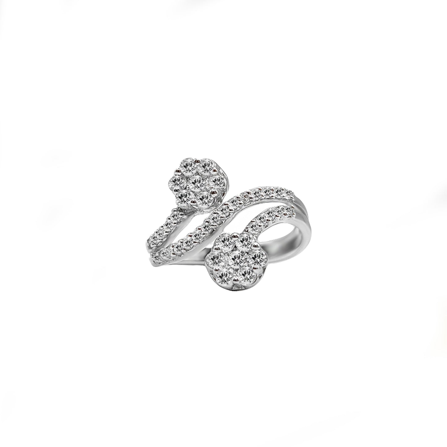 Anillo Curvo con Flores en Oro blanco y Diamantes