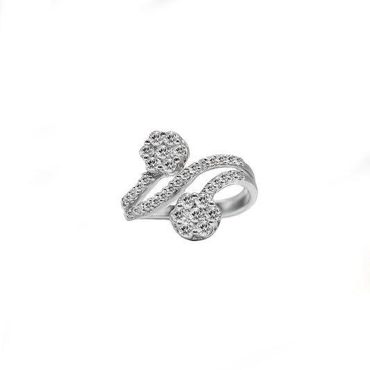 Anillo Curvo con Flores en Oro blanco y Diamantes