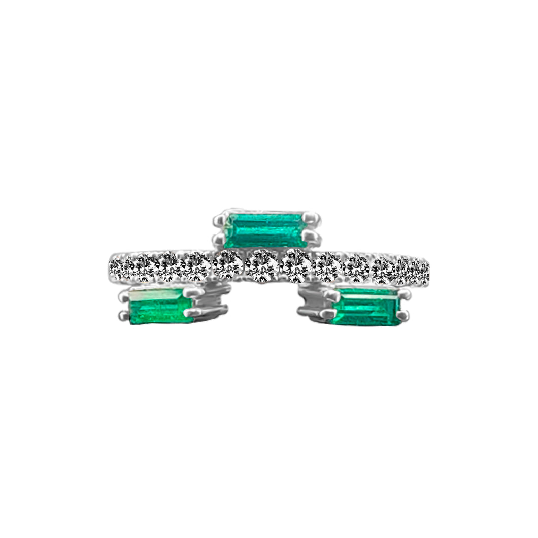 Anillo Trio de Esmeralda con Diamante en Oro Blanco 18k