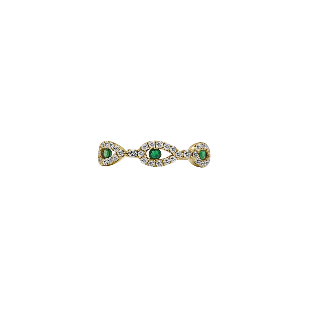 Anillo con Esmeralda laterales y Diamantes en Oro Amarillo 18 k
