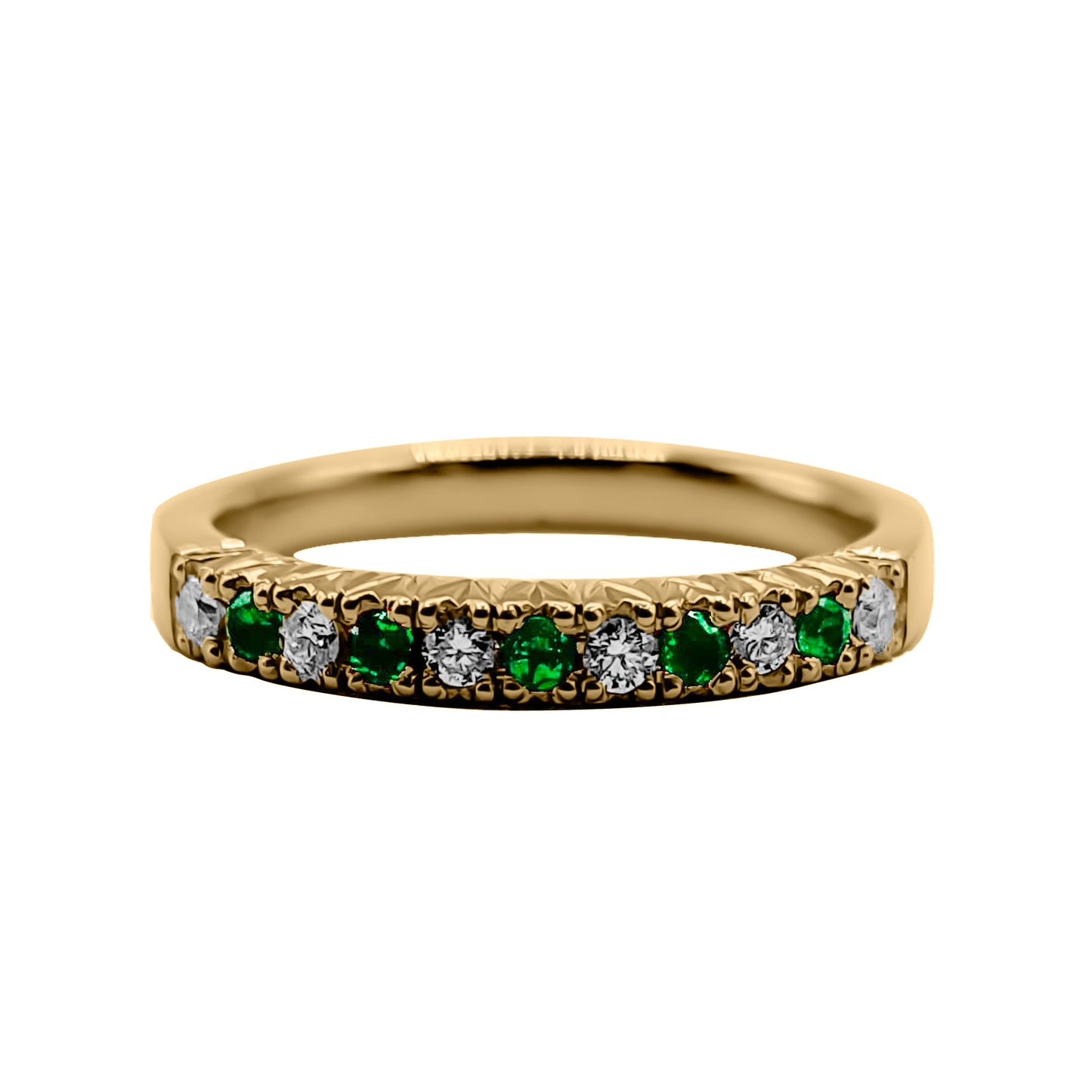 Anillo Cintillo en v con Oro Amarillo 18K con Diamante y  Esmeralda