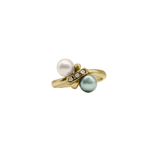 Cargar imagen en el visor de la galería, Anillo Par De Perla Una Gris Una Normal En Oro Amarillo 18k Y Diamantes
