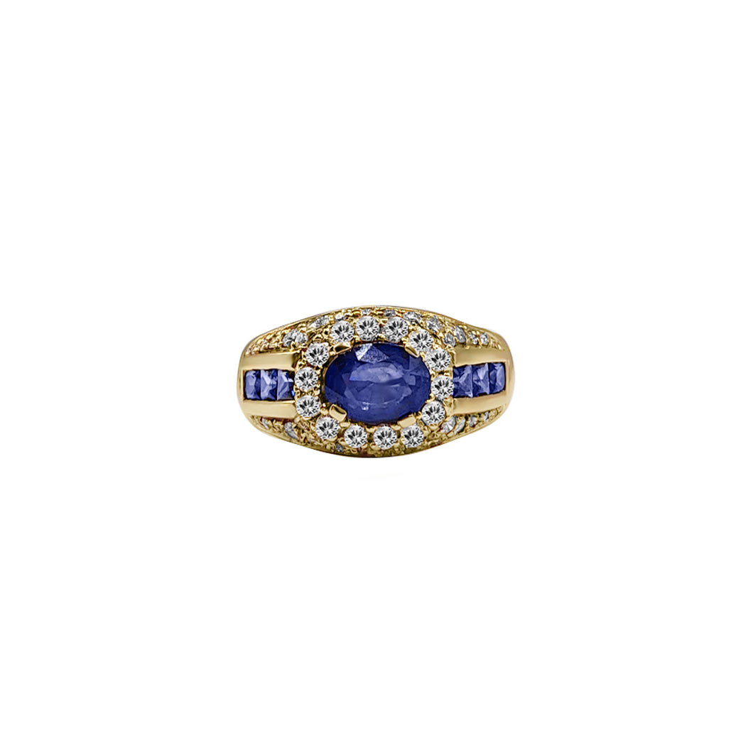 Anillo De Hombre En Oro Amarillo 18k Con Diamantes Y Zafiros