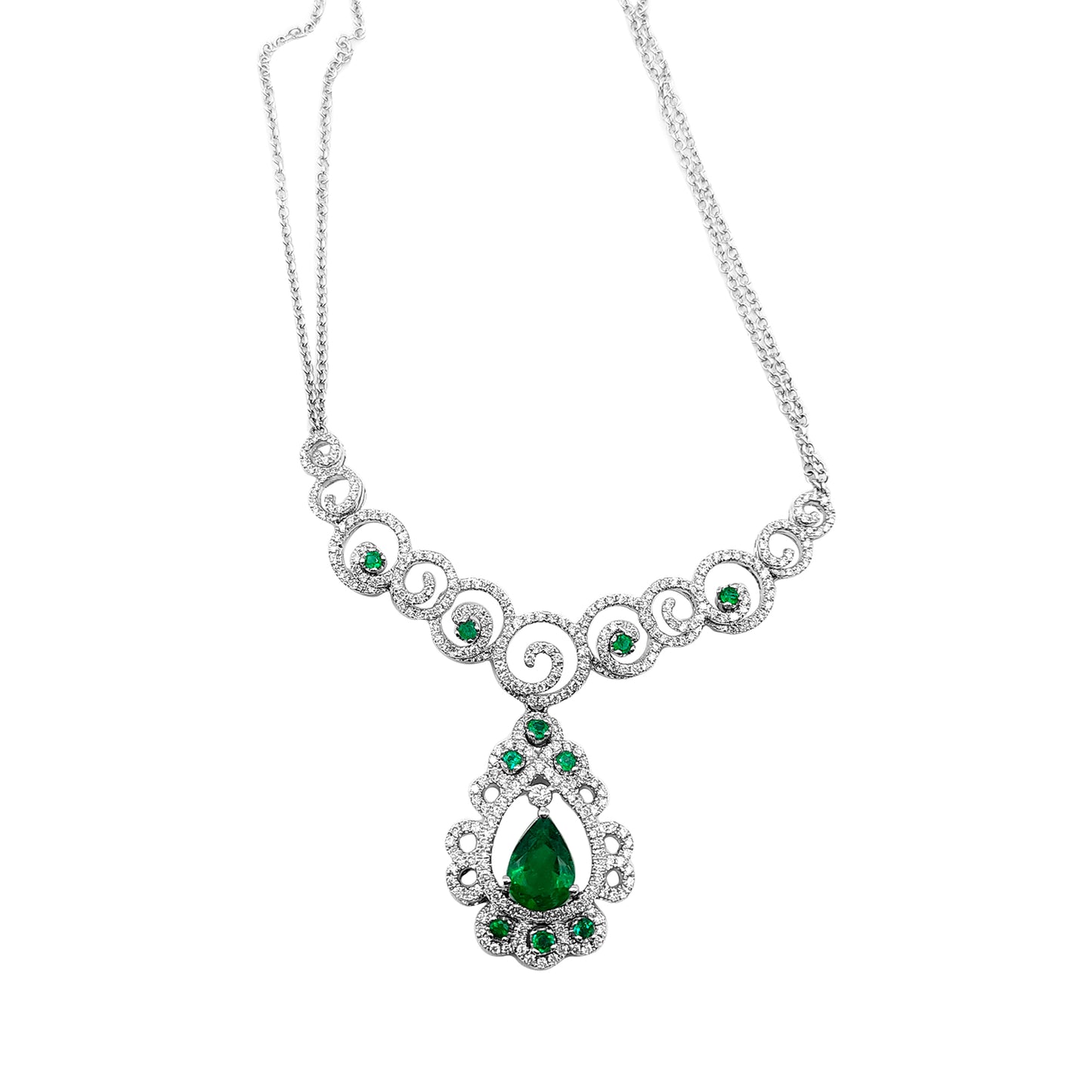 Collar Marquesa de Lagrima Esmeralda y Diamantes en Oro Blanco 18k