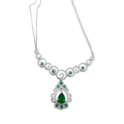 Collar Marquesa de Lagrima Esmeralda y Diamantes en Oro Blanco 18k