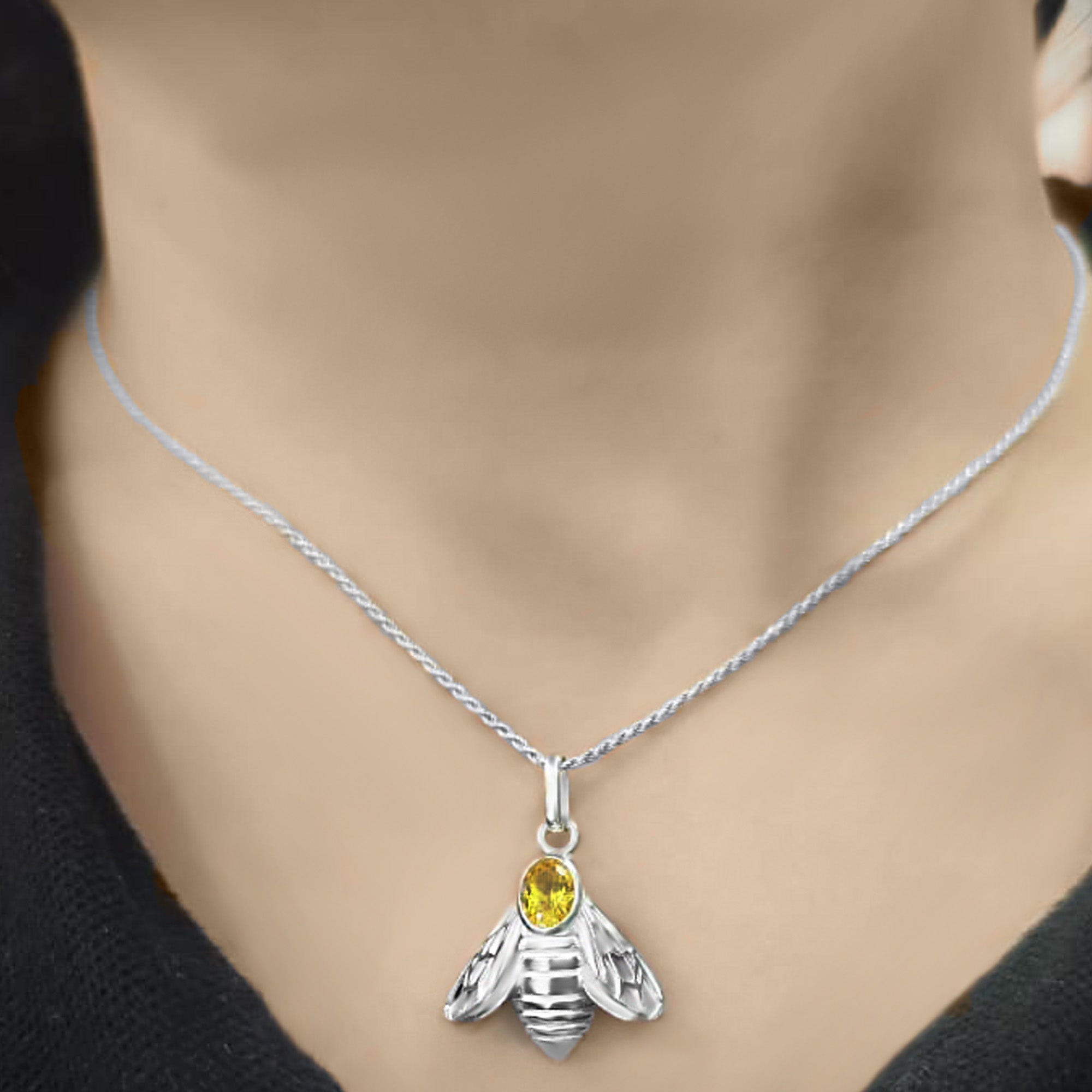 Regalo Mujer Especial MATERIA Colgante Abeja Plata 925 - Esmalte Amarillo Y Negro, 16x31 Mm Abalorio Esmaltado Amarillo Negro