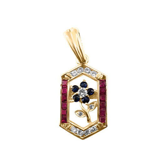 Dije Flor Diamante  y Rubi Oro Amarillo 18k
