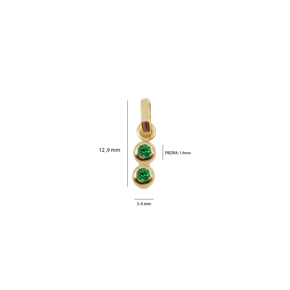 Dije Dona con Chatones en Oro Amarillo 18K con Esmeralda – 2 chatones – cuatro uñas, vista de detalle