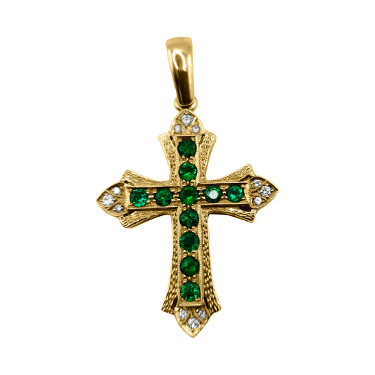 Oro Amarillo Cruz Española 18k  con Esmeraldas y Diamantes