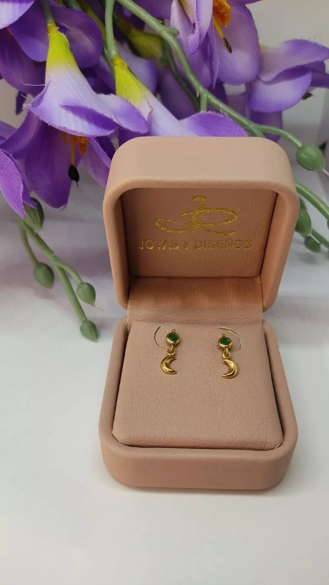 Topos De Luna En Oro Amarillo 18k, Con Esmeralda