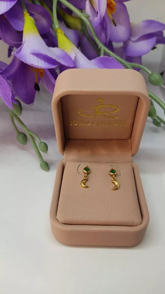 Topos De Luna En Oro Amarillo 18k, Con Esmeralda