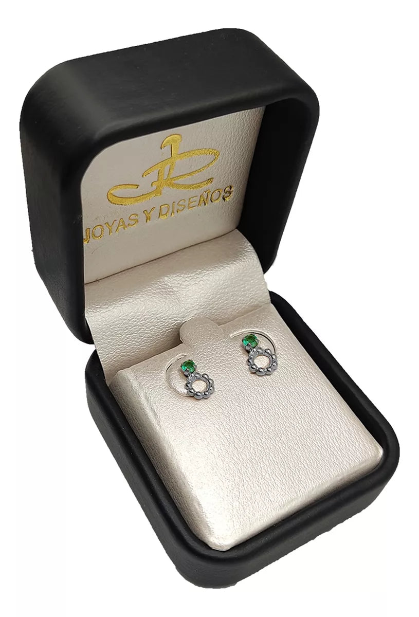 Aretes En Oro Blanco 18k Con gema