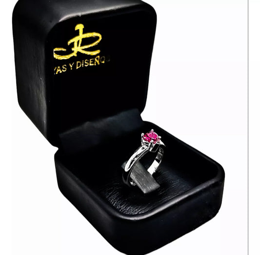 Anillo Compromiso: Plata Ley 950 Y Zircon Rojo De Corazón