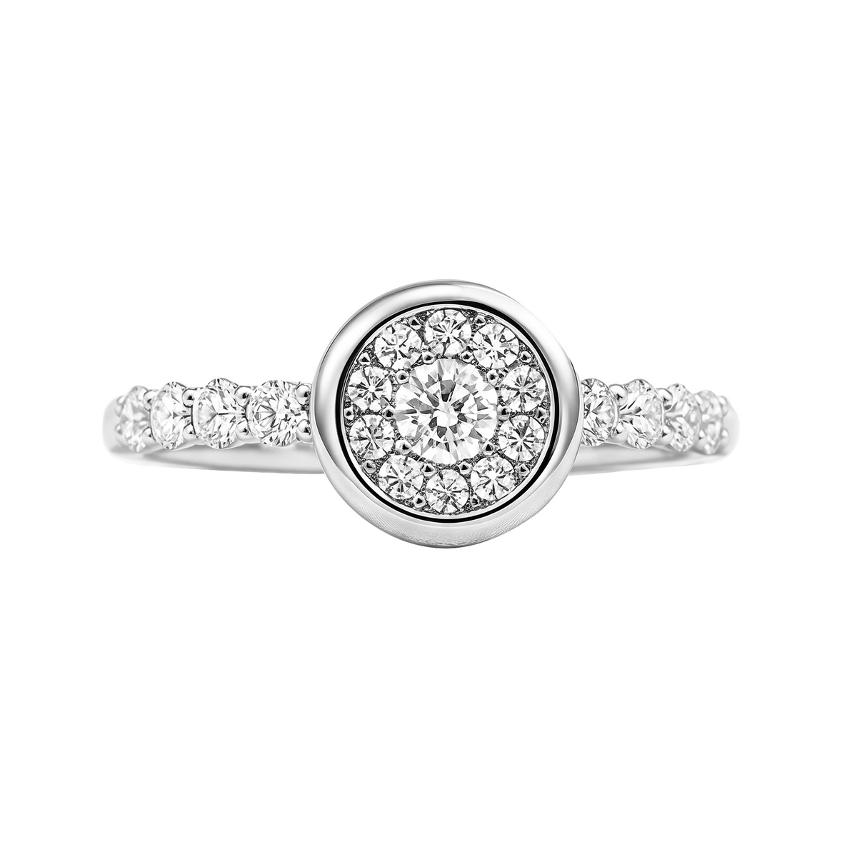 Anillo en Oro Blanco 18K con Diamante Flor con Bisel de Joyería Renue