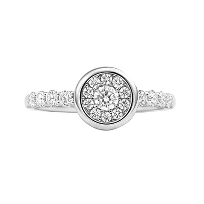 Anillo en Oro Blanco 18K con Diamante Flor con Bisel de Joyería Renue