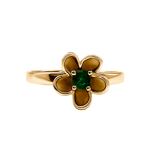 Anillo Solitario con Esmeralda diseño flor en Oro 18k