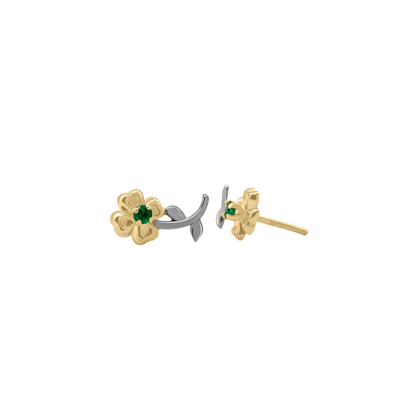 Topos De Flor En Oro Amarillo Y Blanco 18k, Con Esmeralda