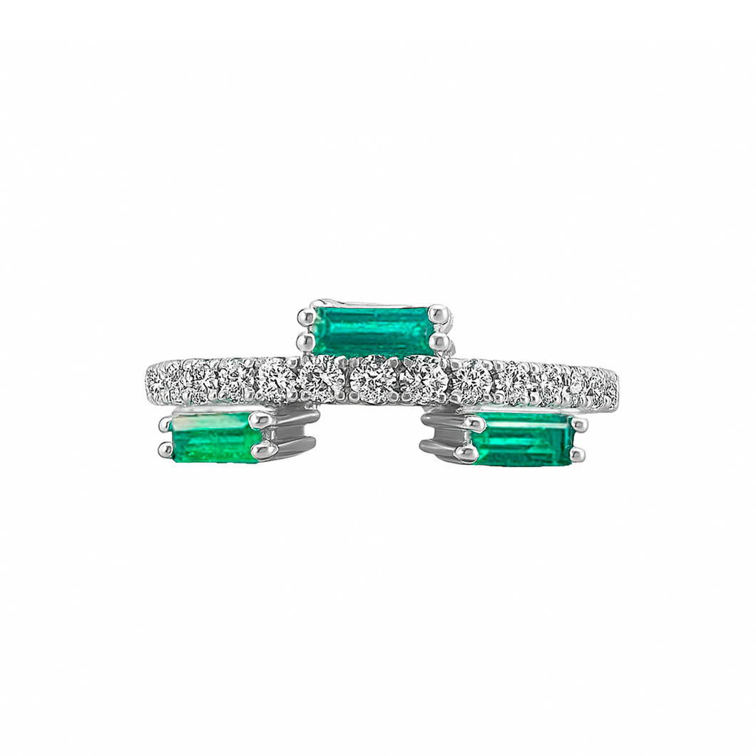 Anillo Trio de Esmeralda con Diamante en Oro Blanco 18k