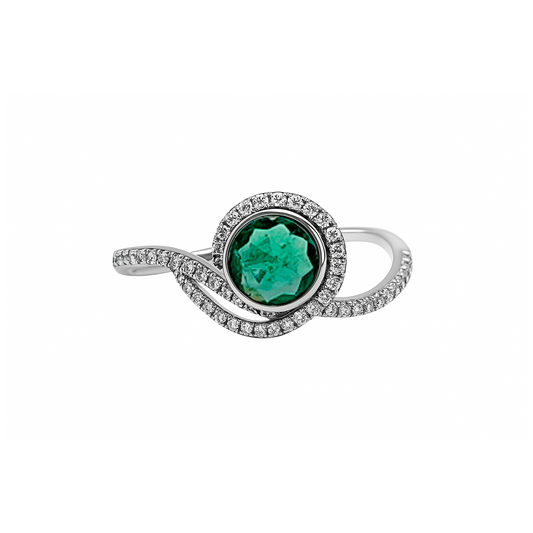 Anillo Oro Blanco Diamantes Y Esmeralda