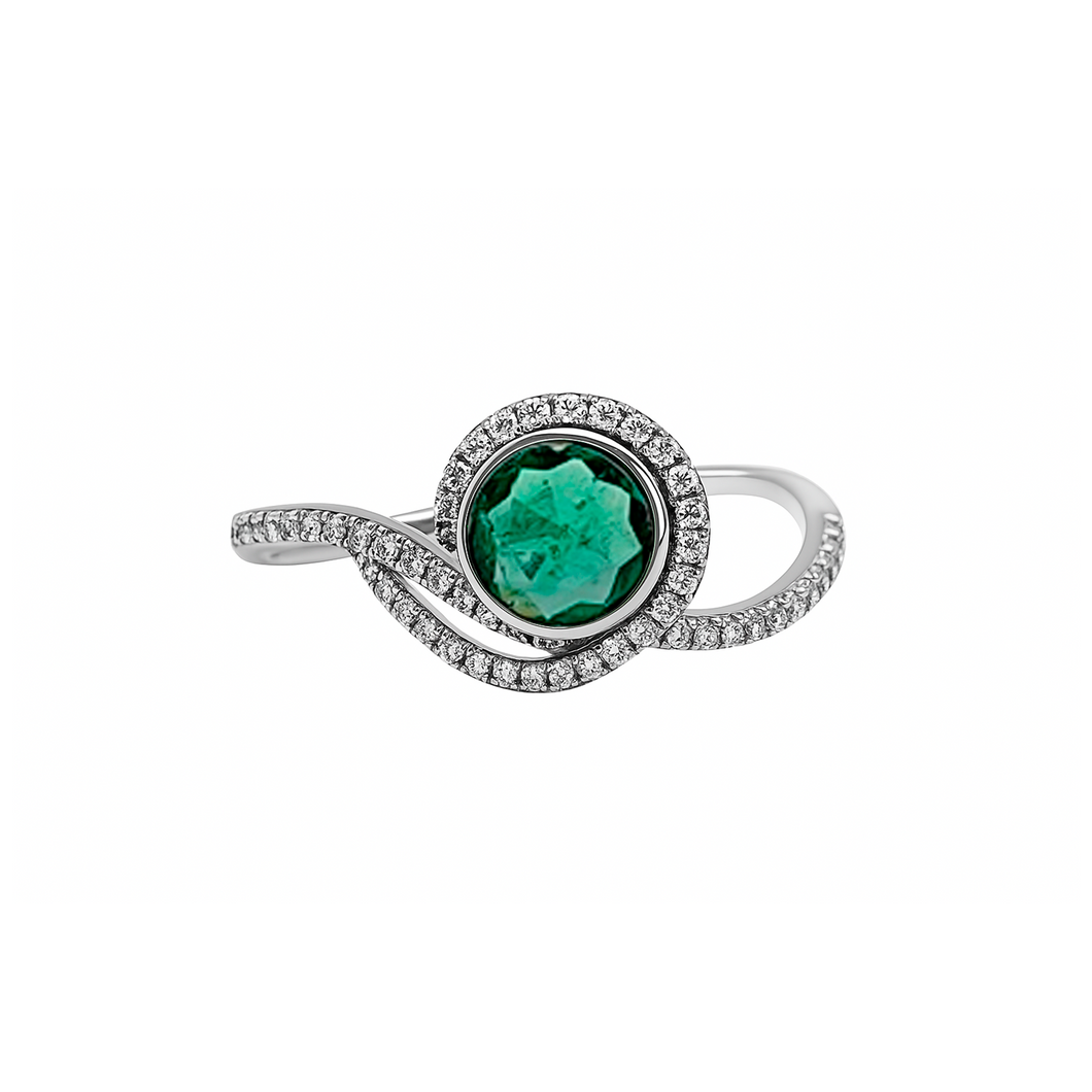 Anillo Oro Blanco Diamantes Y Esmeralda