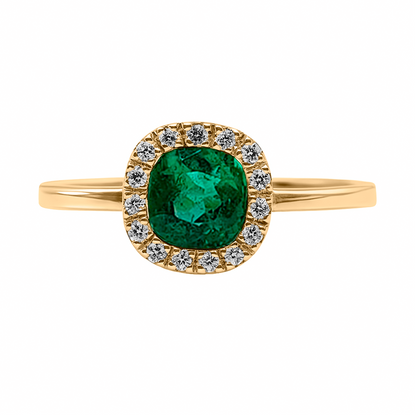 Anillo Cojín Esmeralda Halo Oro Amarillo