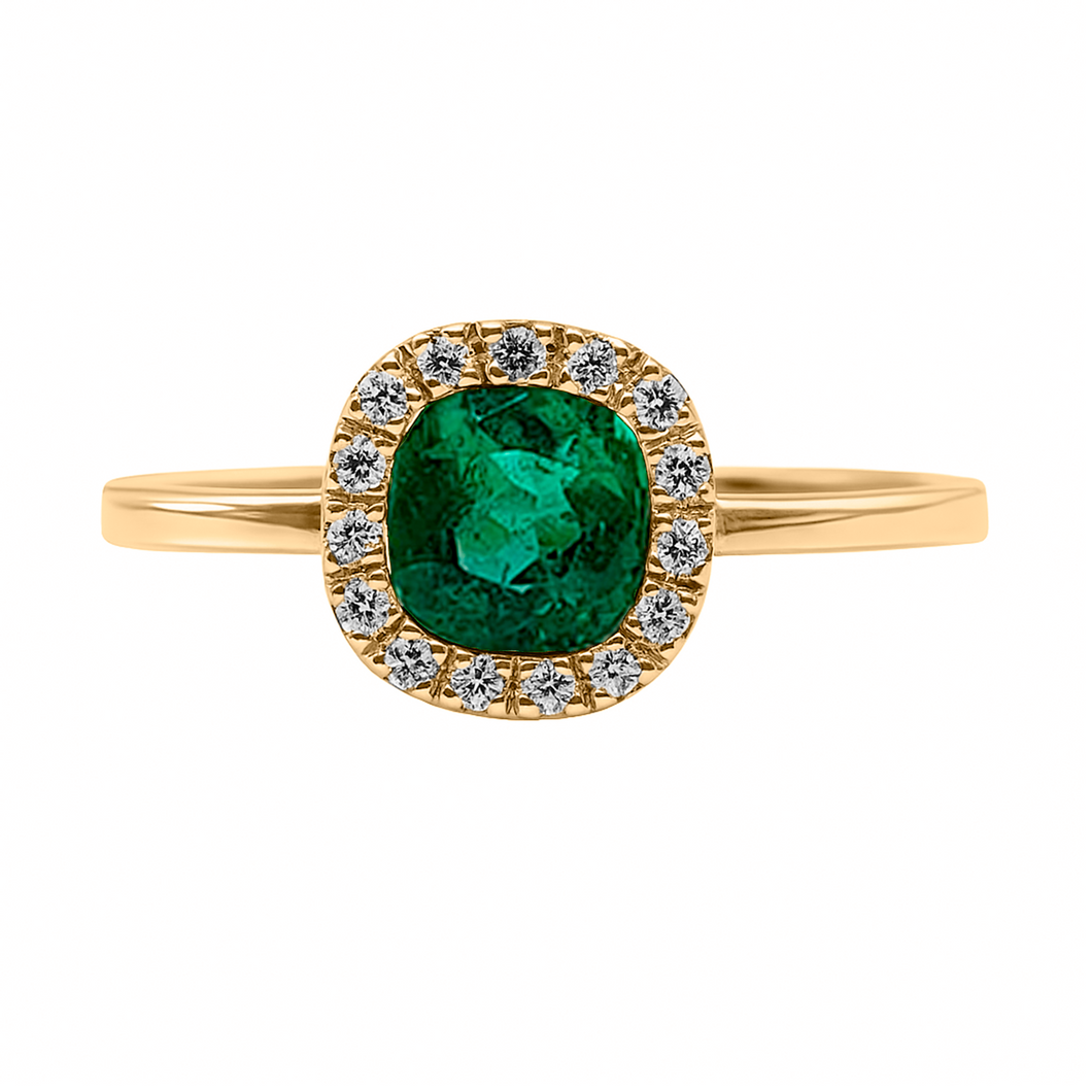 Anillo Cojín Esmeralda Halo Oro Amarillo