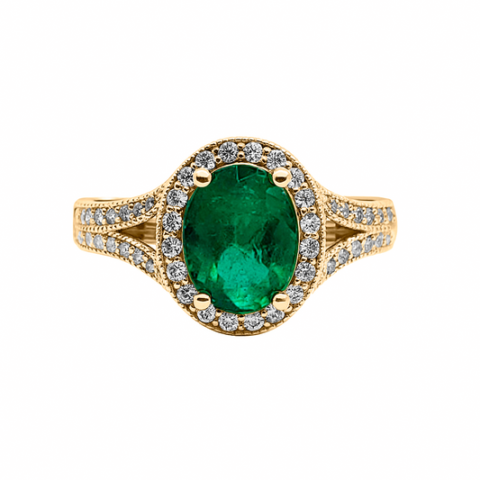 Anillo con Esmeralda  Adornado en Diamantes en Oro Amarillo 18 k