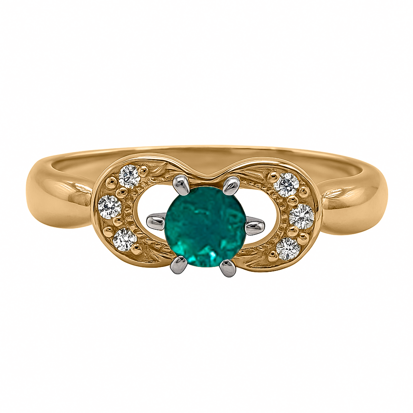 Anillo con Esmeralda y Diamante en Oro Amarillo 18 k Diseño Semi Circulos