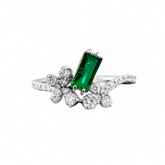 Anillo con Esmeralda y Diamantes en Oro Blanco 18k