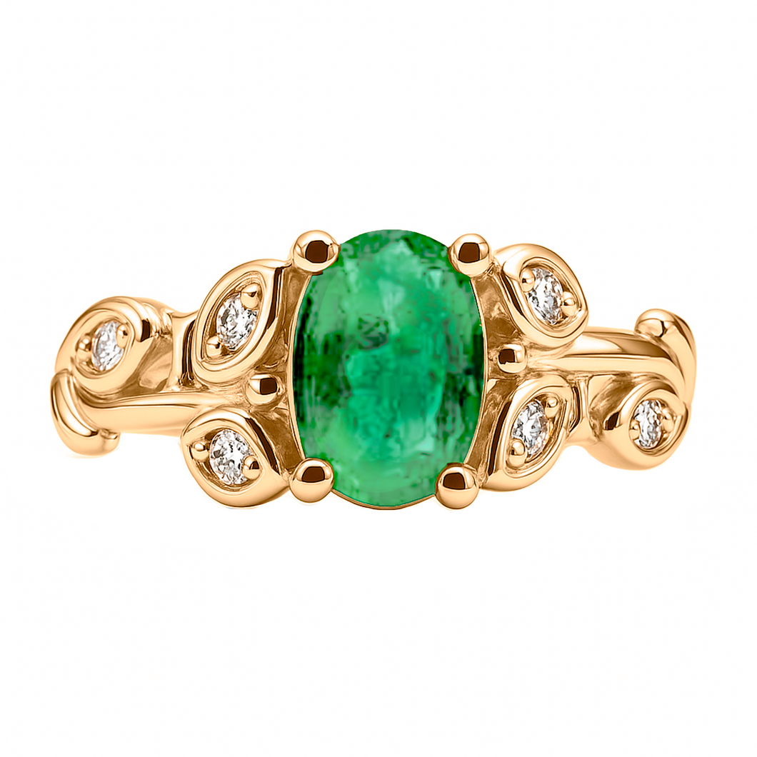 Anillo de Compromiso en Oro Amarillo 18k con Diamantes y Esmeralda estilo flor