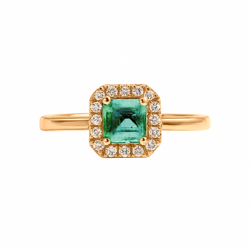 Anillo de Compromiso en Oro Amarillo 18k con Diamantes y Esmeralda catedral