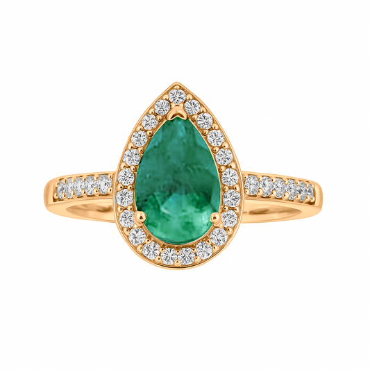 Anillo de Compromiso en Oro Amarillo 18k con Diamantes y Esmeralda lagrima