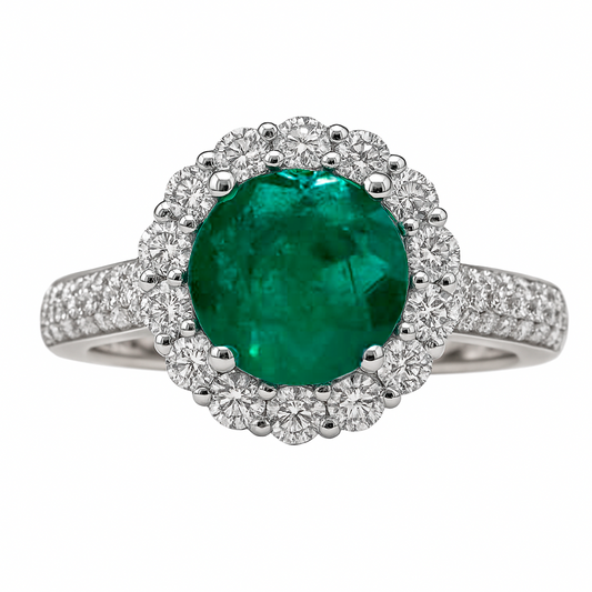 Anillo de Compromiso en Oro blanco 18k con Diamantes y Esmeralda marquesa