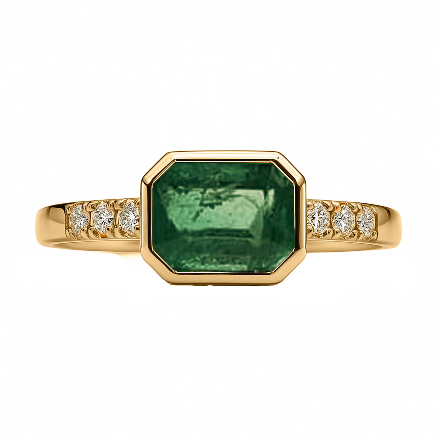 Anillo de Compromiso en Oro Amarillo 18k con Diamantes y Esmeralda al Bisel