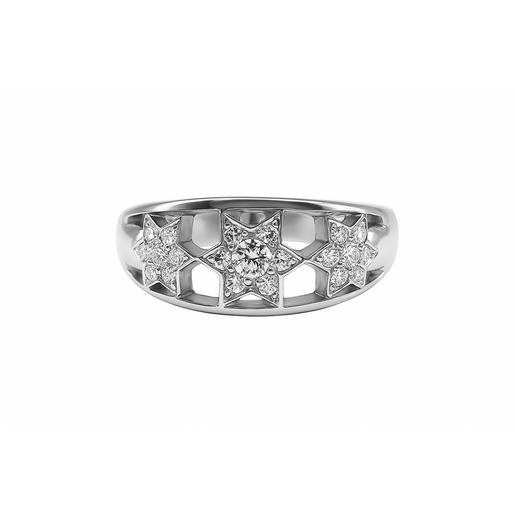 Anillo 3 Estrellas Caladas  en Oro Blanco 18k con Diamantes