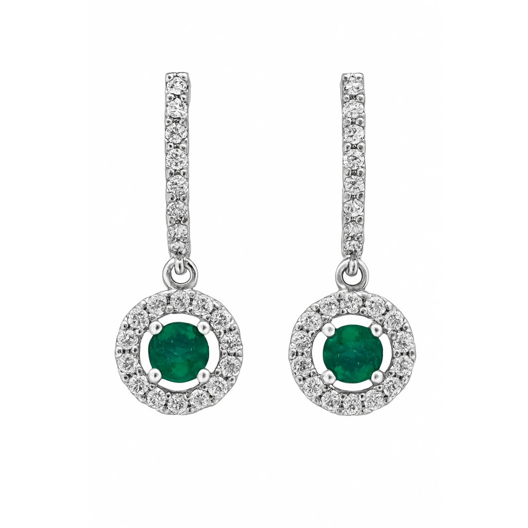 Aretes Rueda Con Esmeralda y Diamantes En Oro Blanco 18k