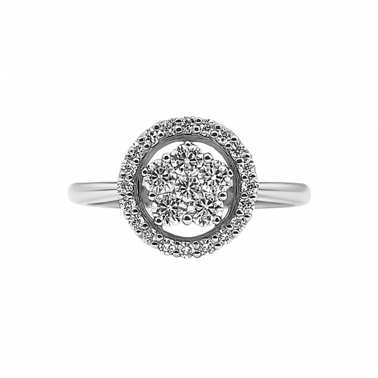 Anillo en Oro Blanco 18K Flor con Círculos Diamantes