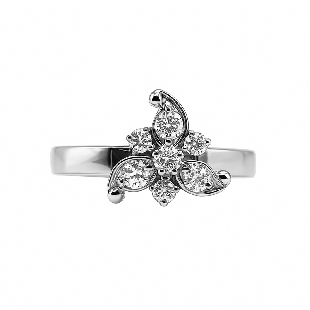 Anillo en Oro Blanco 18K Flor Hojas