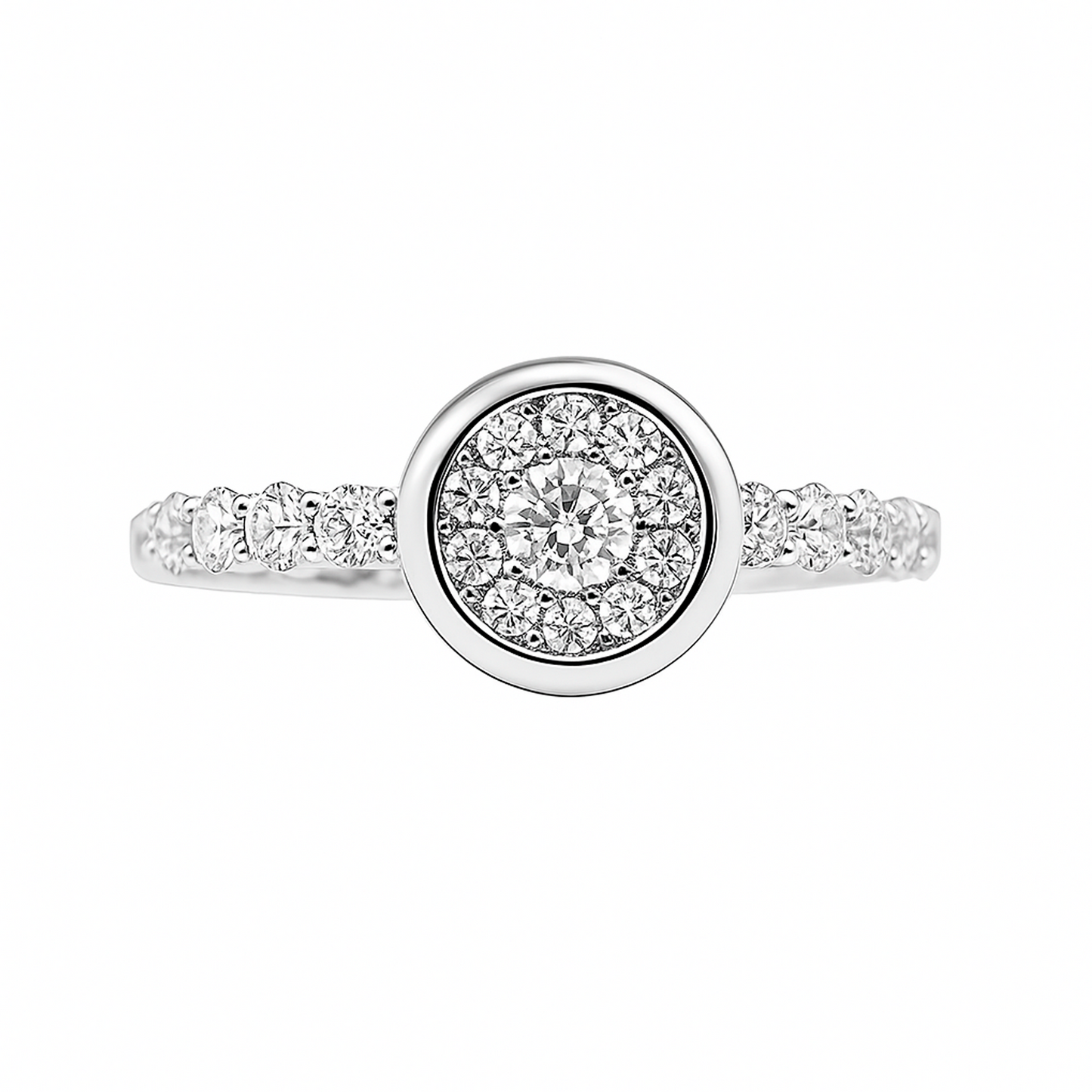 Anillo en Oro Blanco 18K con Diamante Flor con Bisel