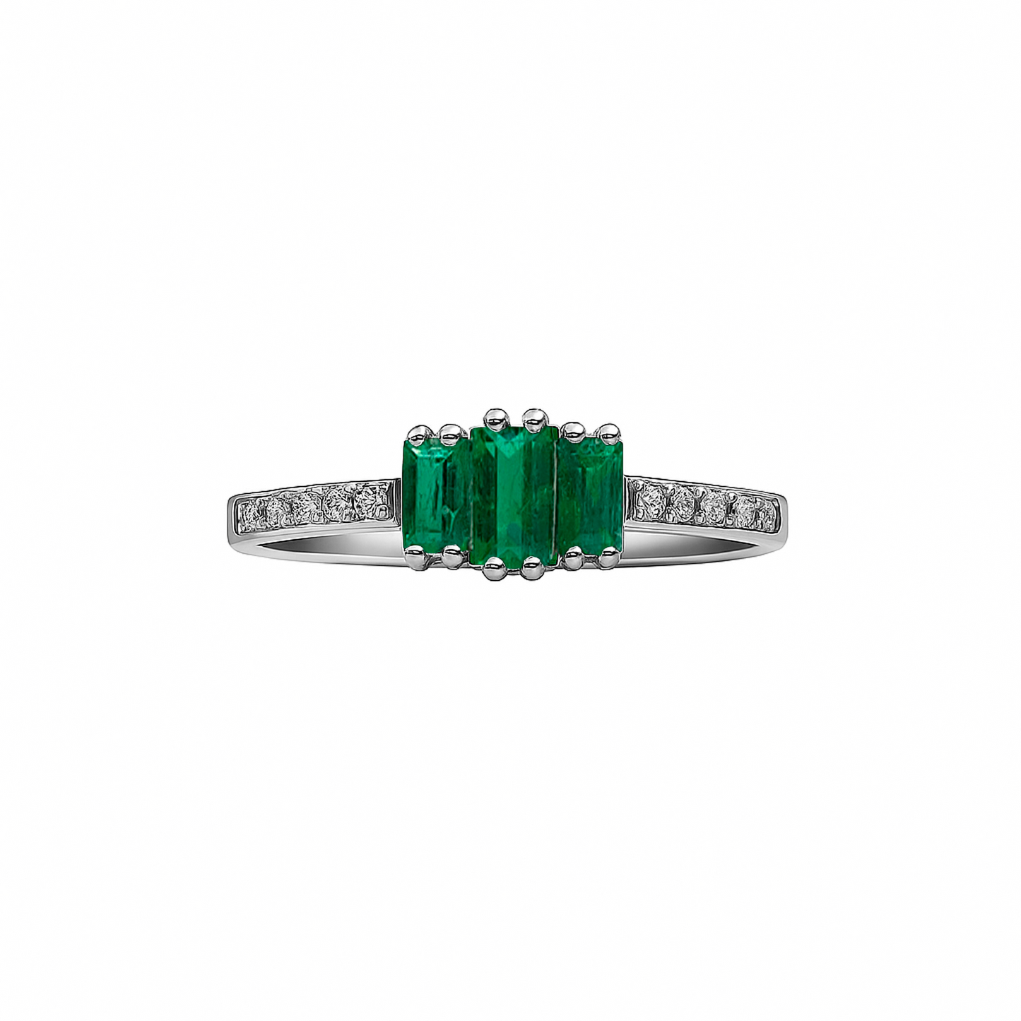Anillo con Trio de Esmeraldas y Diamantes en Oro Blanco 18k