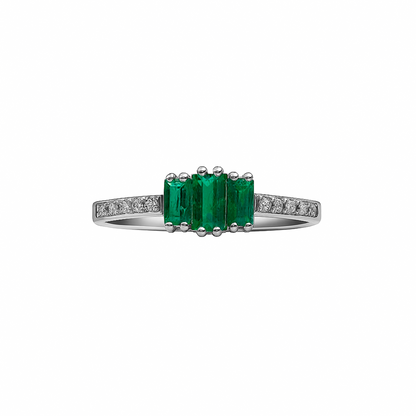 Anillo con Trio de Esmeraldas y Diamantes en Oro Blanco 18k