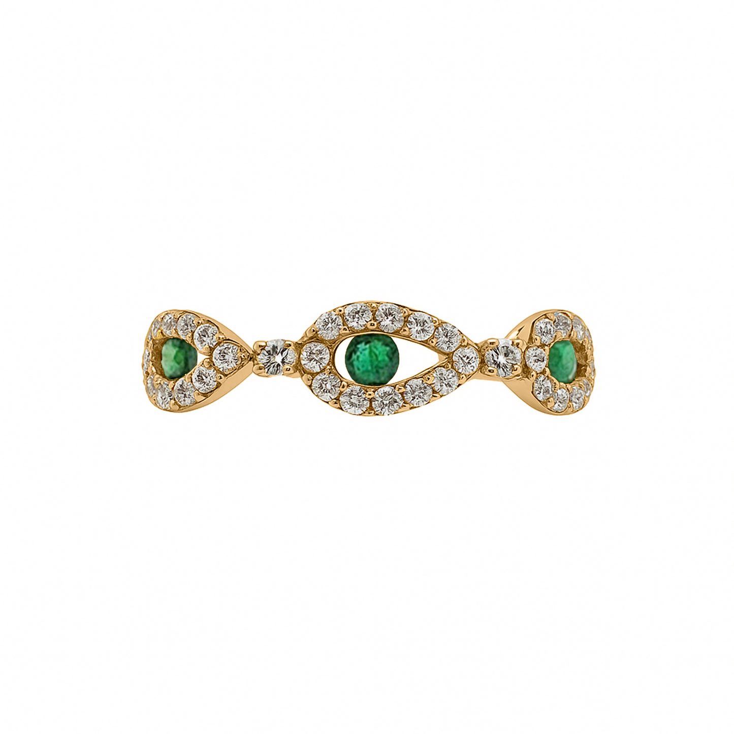 Anillo con Esmeralda laterales y Diamantes en Oro Amarillo 18 k