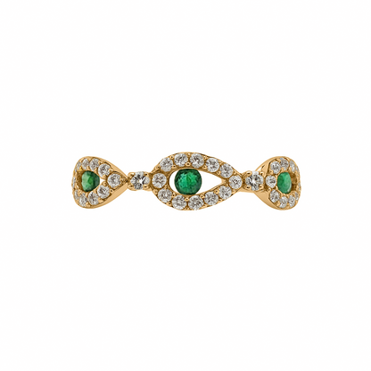 Anillo con Esmeralda laterales y Diamantes en Oro Amarillo 18 k