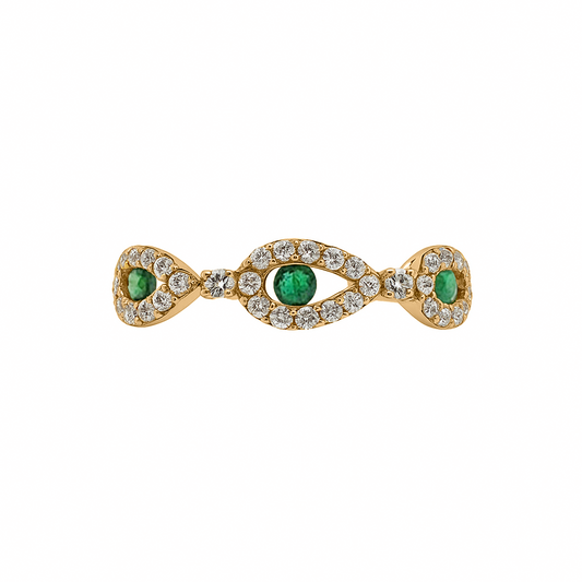 Anillo con Esmeralda laterales y Diamantes en Oro Amarillo 18 k
