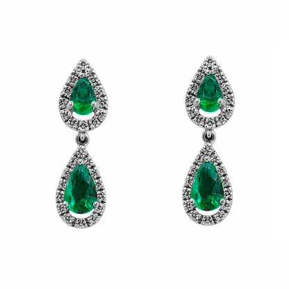 Aretes de Gotas en Oro Blanco 18k con Diamantes y Esmeraldas