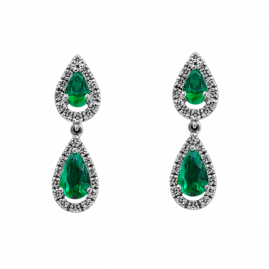 Aretes de Gotas en Oro Blanco 18k con Diamantes y Esmeraldas