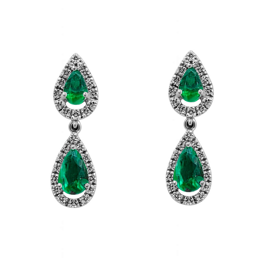 Aretes de Gotas en Oro Blanco 18k con Diamantes y Esmeraldas